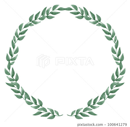 watercolour green leaf foliage wreath frame hand drawn illustration 100641279