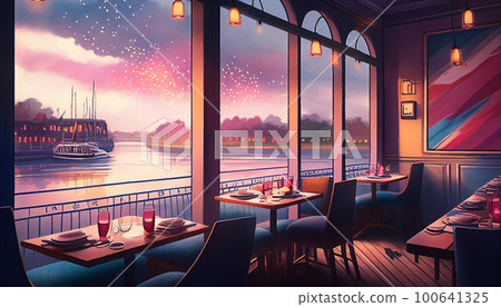 Architectural perspective of a restaurant with fireworks view AI image 100641325