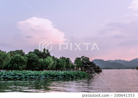 Hangzhou, China - August 2, 2017 beautiful the west lake scenery Hangzhou, China - August 2, 2017 beautiful the west lake scenery 100641353