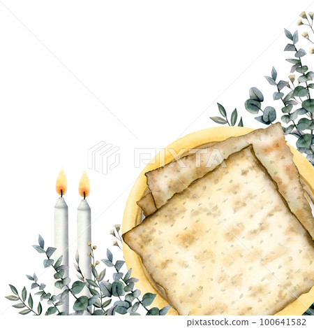 Happy Passover greeting watercolor banner template with matzah, candles, eucalyptus and copy space for text on white 100641582