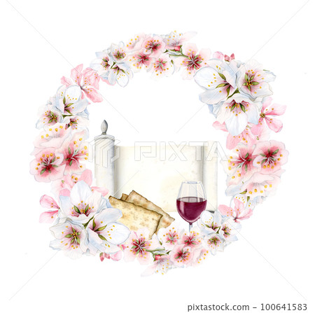 Watercolor Passover wreath of pink almond flowers, matzah, Haggadah scrol, wine glass illustration for greeting cards 100641583