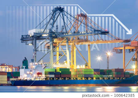 Cargo ship, cargo container and crane at port. Concept of decrease, business. Cargo ship, cargo container and crane at port. Concept of decrease, business. 100642385