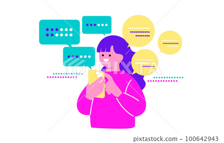 An illustration of a female AI chat with a smartphone 100642943