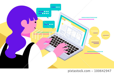 An illustration of a scene using a laptop, a woman, and a chat-type AI. An illustration of a scene using a laptop, a woman, and a chat-type AI. 100642947