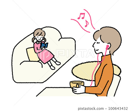 A family spending time in the living room, a daughter reading and a mother listening to music A family spending time in the living room, a daughter reading and a mother listening to music 100643432