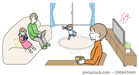 矢量圖的四口之家在客廳裡放鬆 100643440