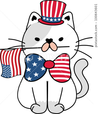 Cute happy funny playful kitten cat celebrating 4th July independence cartoon hand drawing doodle 100643601