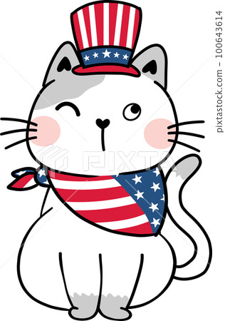 Cute happy funny playful kitten cat celebrating 4th July independence cartoon hand drawing doodle Cute happy funny playful kitten cat celebrating 4th July independence cartoon hand drawing doodle 100643614