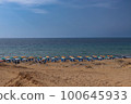 The northern part of the Greek island of Corfu with a sandy beach. Umbrellas and chairs on the beachfront 100645933