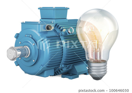Industrial electric motor with lightbulb, 3D rendering Industrial electric motor with lightbulb, 3D rendering 100646030
