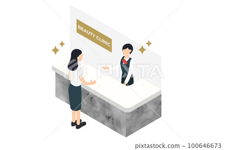 美容診所接待櫃檯和病人等軸圖 美容診所接待櫃檯和病人等軸圖 100646673