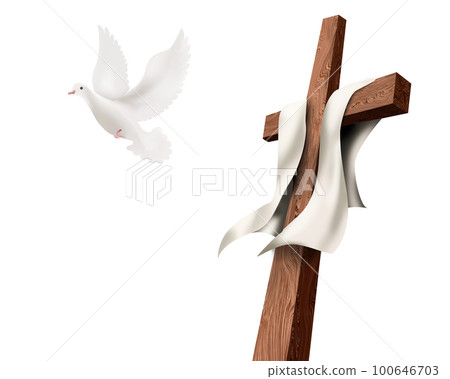 Resurrection concept. Easter. Isolated Christian cross with dove flying away isolated. 100646703