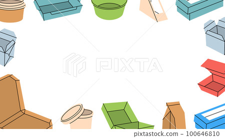 Takeaway cardboard boxes in horizontal banner. Paper take away containers line background. Food and drink packaging. Cardboard takeaway boxes banner. Takeaway cardboard boxes in horizontal banner. Paper take away containers line background. Food and drink packaging. Cardboard takeaway boxes banner. 100646810