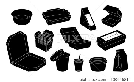 Takeaway cardboard boxes set. Cardboard boxes for takeaway food. Paper and plastic delivery containers. Food and drink packaging. Recyclable packs 100646811