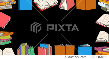 Books horizontal banner template. Closed and open books background. Bookstore, library, book shop illustration. Literature, dictionaries, planners. Books horizontal banner template. Closed and open books background. Bookstore, library, book shop illustration. Literature, dictionaries, planners. 100646813