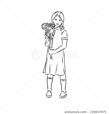 Schoolchildren go to school hand in hand. Sketch. Schoolchildren go to school hand in hand. Sketch. 100647975