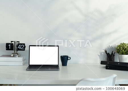 Modern workplace with blank screen laptop, books and potted plant on white work desk Modern workplace with blank screen laptop, books and potted plant on white work desk 100648069