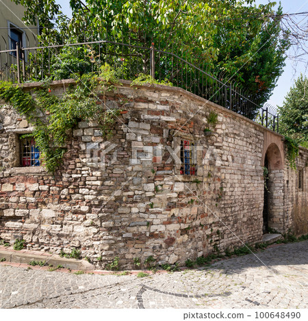 Old abandoned building, with stone wall, wrought iron windows, and climber plants, in cobblestone alley 100648490