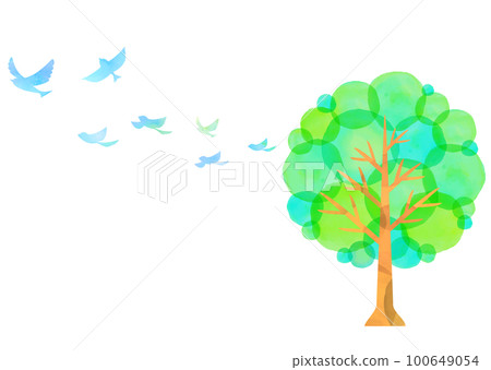 Watercolor touch trees and small birds Blue bird fresh green 100649054