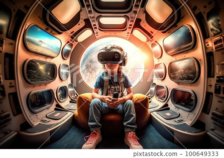 Kid using VR headset in space adventure game, child in metaverse, generative AI. 100649333