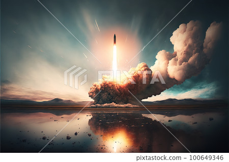 Ballistic missile launch, start of intercontinental nuclear rocket, generative AI 100649346