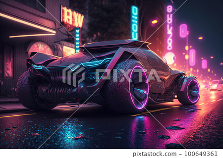 Futuristic car with neon glowing in cyber city, sports cyberpunk auto, generative AI 100649361