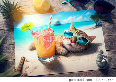 Cat in sunglasses relaxes on beach near cocktail in vacation photo, generative AI 100649362