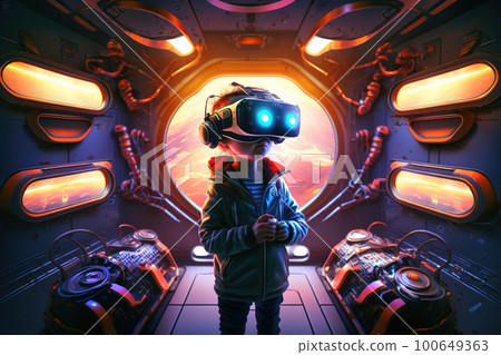 Child using VR headset in space adventure game, kid in metaverse, generative AI 100649363