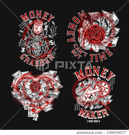 Set of trash polka style money labels with text. Fantasy, creative, meaningful, surreal, fancy concept of illustrations Black background For prints, clothing, apparel, tattoo, t shirt, surface design 100650077