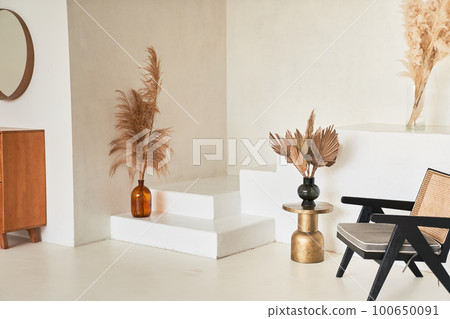 A snapshot of the corner of a room with dried flowers in a vase, standing near a white ladder, make up the neutral interior of the living room. Pattern. Space for copying. High quality photo A snapshot of the corner of a room with dried flowers in a vase, standing near a white ladder, make up the neutral interior of the living room. Pattern. Space for copying. High quality photo 100650091