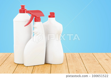 Mock-up plastic bottles. Detergent, cleaning products on the wooden table, 3D rendering Mock-up plastic bottles. Detergent, cleaning products on the wooden table, 3D rendering 100651522