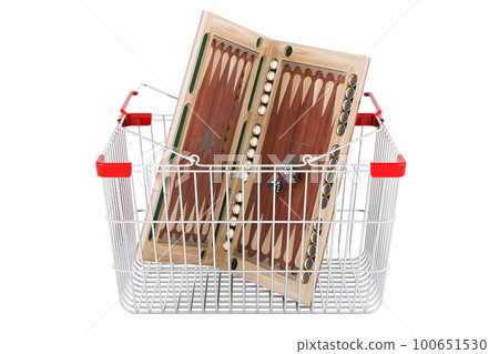 Backgammon, board game inside shopping basket, 3D rendering Backgammon, board game inside shopping basket, 3D rendering 100651530