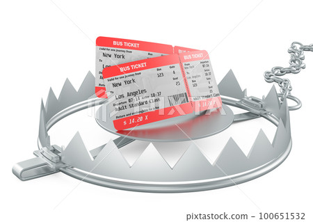 Bus tickets inside bear trap. 3D rendering 100651532