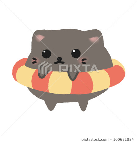 Hand-drawn Cute Dark Brown Cat with red, yellow rubber ring in doodle style 100651884