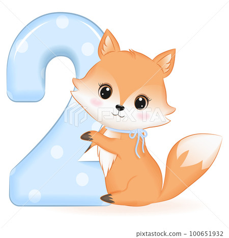 Cute Baby Fox with number 2, cartoon illustration Cute Baby Fox with number 2, cartoon illustration 100651932