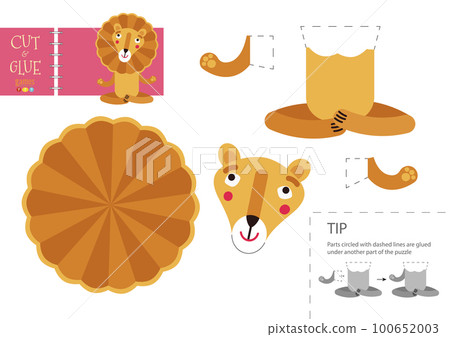 Cut and glue paper toy vector illustration. Lion character scissors cutting model Cut and glue paper toy vector illustration. Lion character scissors cutting model 100652003