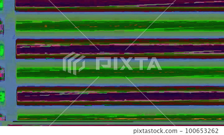 Color glitch pixel noise analog distortion. Purple green VHS grain static lines electronic artifacts abstract illustration background. 100653262
