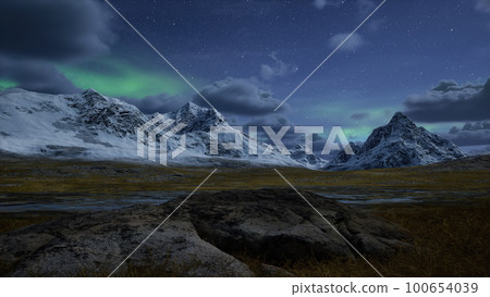 Rocky Mountain Landscape at night with Stars and Northern Lights in Sky. Rocky Mountain Landscape at night with Stars and Northern Lights in Sky. 100654039