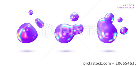 Set of liquid 3d holographic abstract shapes. Violet fluid bubbles iridescent effect. 3d vector illustration. 100654633