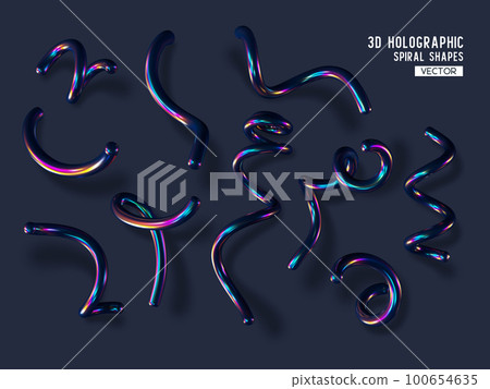 Set of 3d holographic abstract spiral shapes. Glossy geometric primitives with shadow on dark background. Iridescent trendy design, thin film effect. Vector. Set of 3d holographic abstract spiral shapes. Glossy geometric primitives with shadow on dark background. Iridescent trendy design, thin film effect. Vector. 100654635