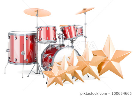 Drum kit with five golden stars. Customer rating, 3D rendering Drum kit with five golden stars. Customer rating, 3D rendering 100654665