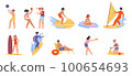 Summer beach activities, characters surfing and play volleyball. Windsurfing and sunbath time, teen girl in swimwear builds sand castle, snugly vector set 100654693