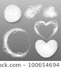 Realistic shampoo foam, cleanser foaming white texture with soap bubbles. Liquid bath cream, foams wash splashes. Foamed pithy vector elements 100654694