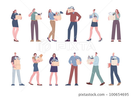 Office people holding boxes, layoff or relocation. Manager leave office with box of personal belongings. Girl moving in new apartment, kicky vector characters set 100654695