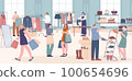 People on flea market or second hand shop. Fashion man woman in boutique, designer clothes bazaar. Garage sale, vintage retail and kicky vector shoppers 100654696