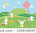 Bunny on meadow. Garden bunnies play hunting eggs. Easter rabbit with color egg on cartoon green floral hills. Animal fly on hot air balloon, nowaday vector scene 100654699