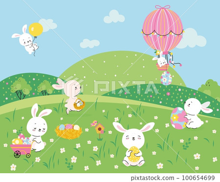 Bunny on meadow. Garden bunnies play hunting eggs. Easter rabbit with color egg on cartoon green floral hills. Animal fly on hot air balloon, nowaday vector scene 100654699