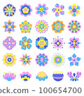 Color flower pictogram, flat daisy flowers design. Damask style graphic, lilac floral elements. Nowaday spring summer blooming vector clipart 100654700