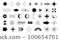 Y2k elements geometric shape and stars. Minimalist 80s graphic symbols. Futuristic, cyberpunk retro design. Arrow and sphere, decent black vector figure 100654701