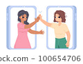 Online communication, girls give five from smartphone screens. Happy teenagers, young adults and modern friendship. Cartoon vector scene 100654706